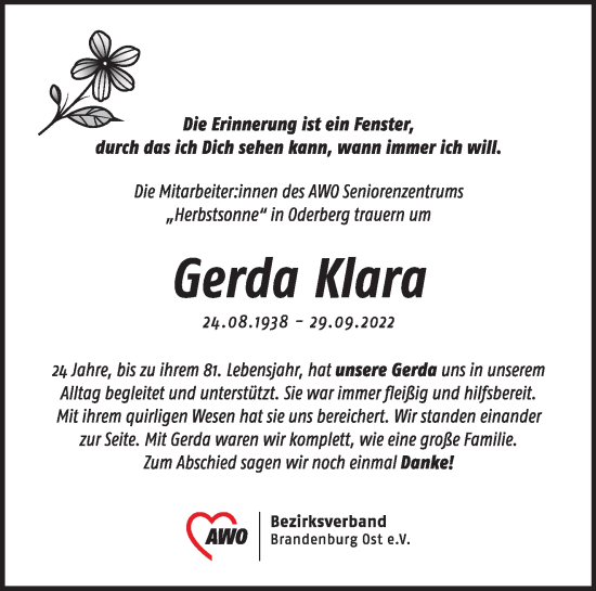 Traueranzeige von Gerda Klara von Märkische Oderzeitung