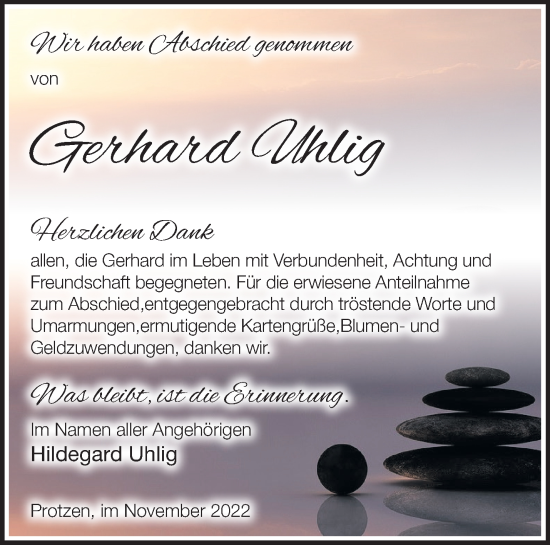 Traueranzeige von Gerhard Uhlig von Märkische Oderzeitung