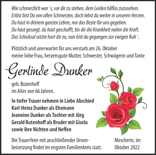 Traueranzeige von Gerlinde Dunker von Märkische Oderzeitung