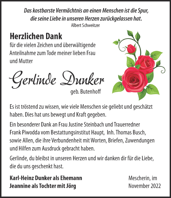 Traueranzeige von Gerlinde Dunker von Märkische Oderzeitung