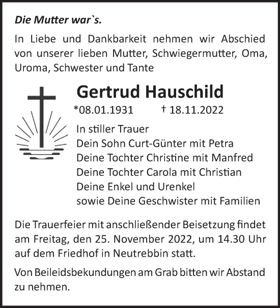 Traueranzeige von Gertrud Hauschild von Märkische Oderzeitung