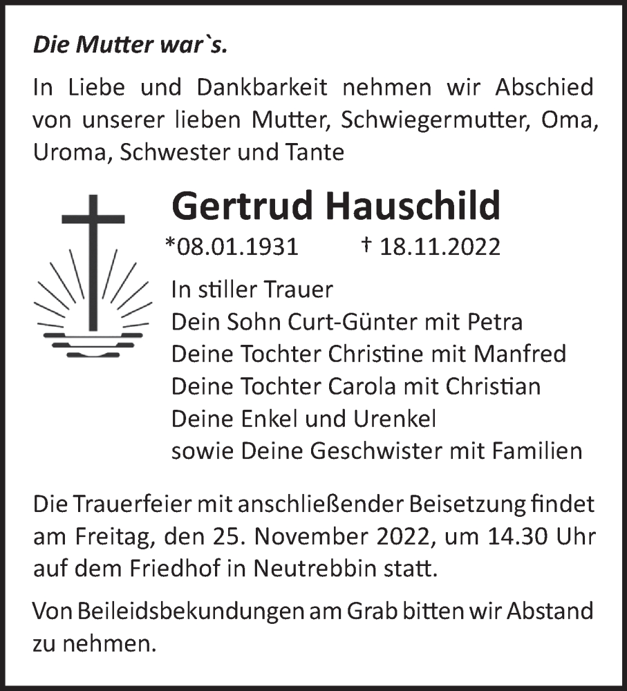  Traueranzeige für Gertrud Hauschild vom 23.11.2022 aus Märkische Oderzeitung