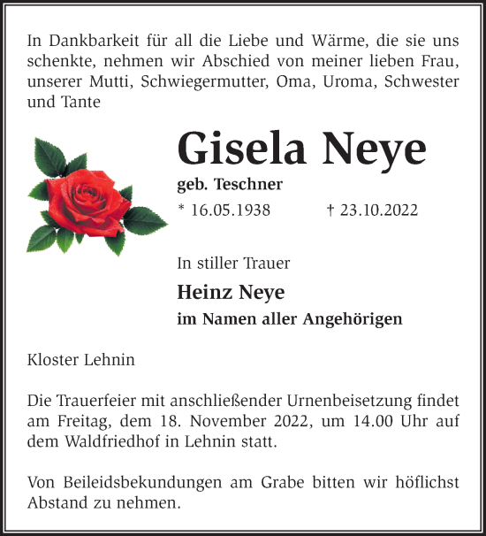 Traueranzeige von Gisela Neye von Märkische Oderzeitung