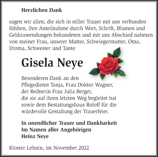 Traueranzeige von Gisela Neye von Märkische Oderzeitung