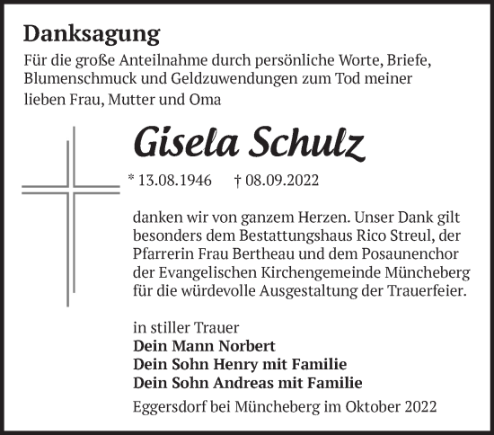 Traueranzeige von Gisela Schutz von Märkische Oderzeitung