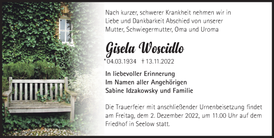 Traueranzeige von Gisela Woscidlo von Märkische Oderzeitung