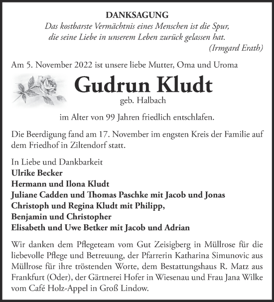 Traueranzeige von Gudrun Kludt von Märkische Oderzeitung