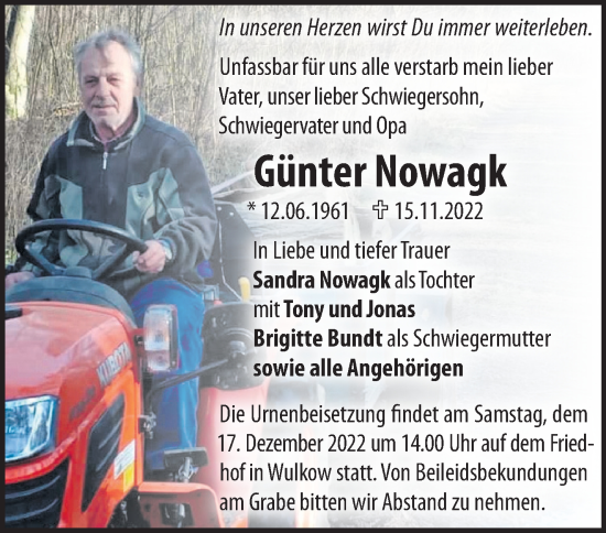 Traueranzeige von Günter Nowagk von Märkische Oderzeitung