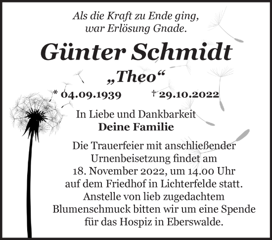 Traueranzeige von Günter Schmidt von Märkische Oderzeitung