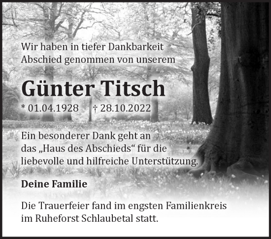 Traueranzeige von Günter Titsch von Märkische Oderzeitung