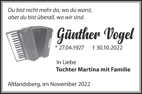 Traueranzeige von Günther Vogel von Märkische Oderzeitung