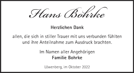 Traueranzeige von Hans Bohrke von Märkische Oderzeitung