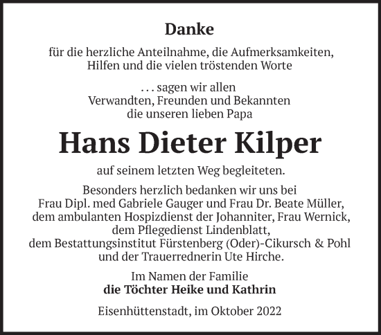 Traueranzeige von Hans Dieter Kilper von Märkische Oderzeitung