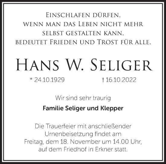 Traueranzeige von Hans W. Seliger von Märkische Oderzeitung