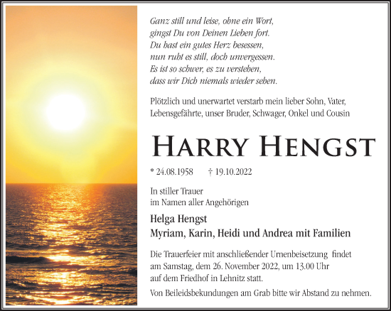 Traueranzeige von Harry Hengst von Märkische Oderzeitung