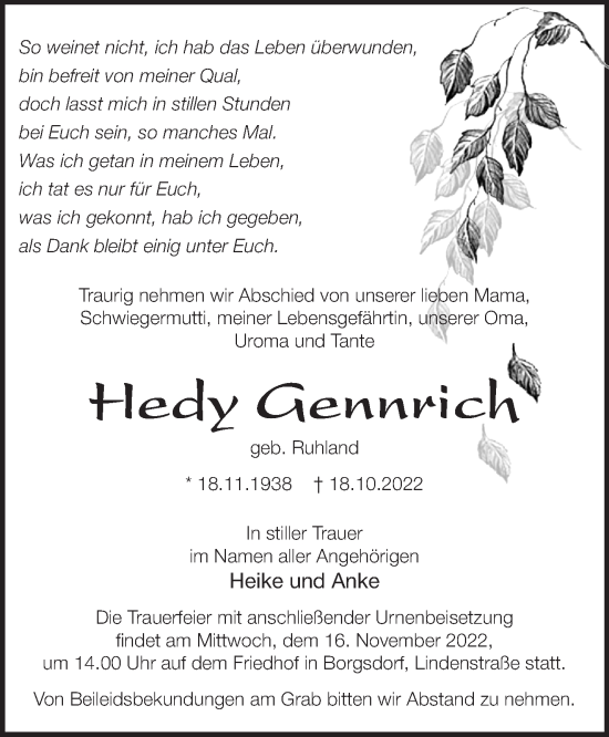 Traueranzeige von Hedy Gennrich von Märkische Oderzeitung