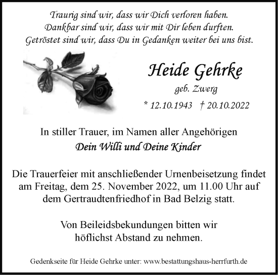 Traueranzeige von Heide Gehrke von Märkische Oderzeitung