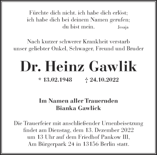 Traueranzeige von Heinz Gawlik von Märkische Oderzeitung