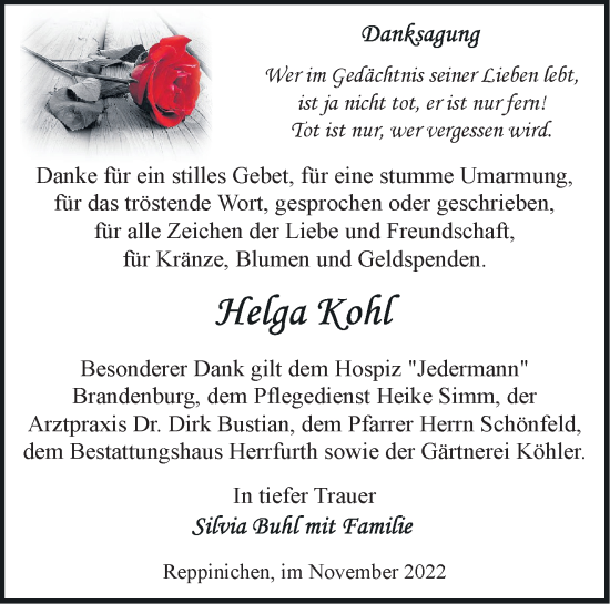 Traueranzeige von Helga Kohl von Märkische Oderzeitung