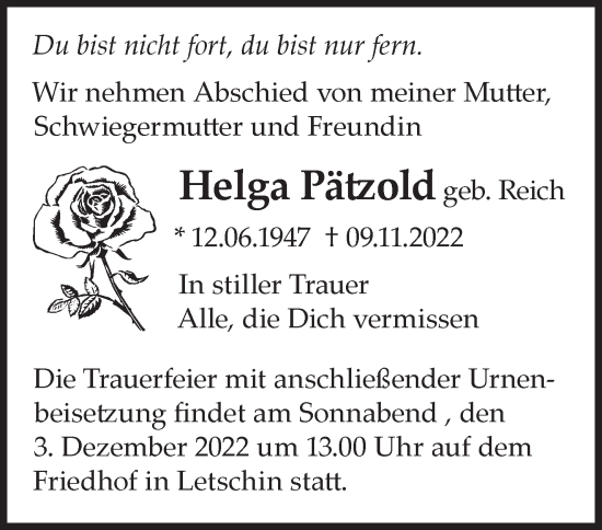 Traueranzeige von Helga Pätzold von Märkische Oderzeitung