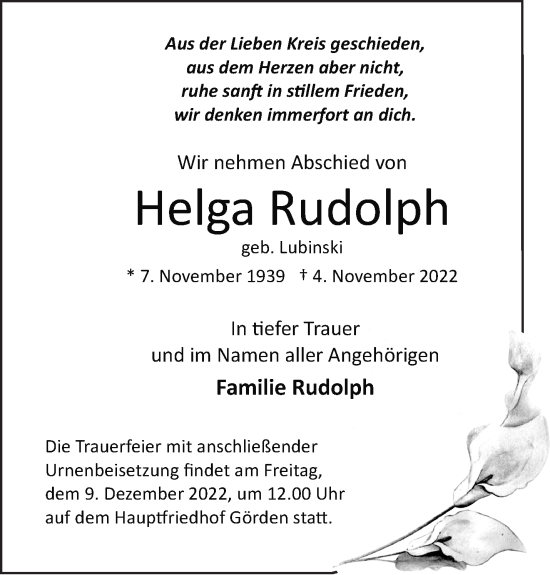 Traueranzeige von Helga Rudolph von Märkische Oderzeitung