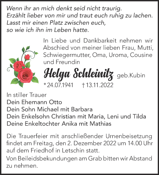 Traueranzeige von Helga Schleinitz von Märkische Oderzeitung