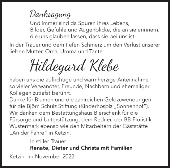 Traueranzeige von Hildegard Klebe von Märkische Oderzeitung