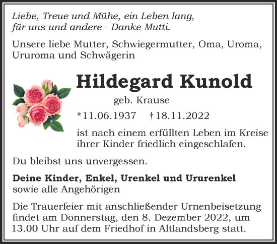 Traueranzeige von Hildegard Kunold von Märkische Oderzeitung