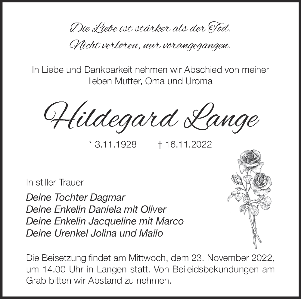  Traueranzeige für Hildegard Lange vom 19.11.2022 aus Märkische Oderzeitung