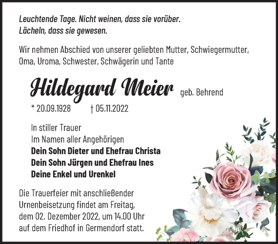 Traueranzeige von Hildegard Meier von Märkische Oderzeitung