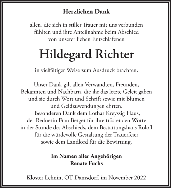 Traueranzeige von Hildegard Richter von Märkische Oderzeitung