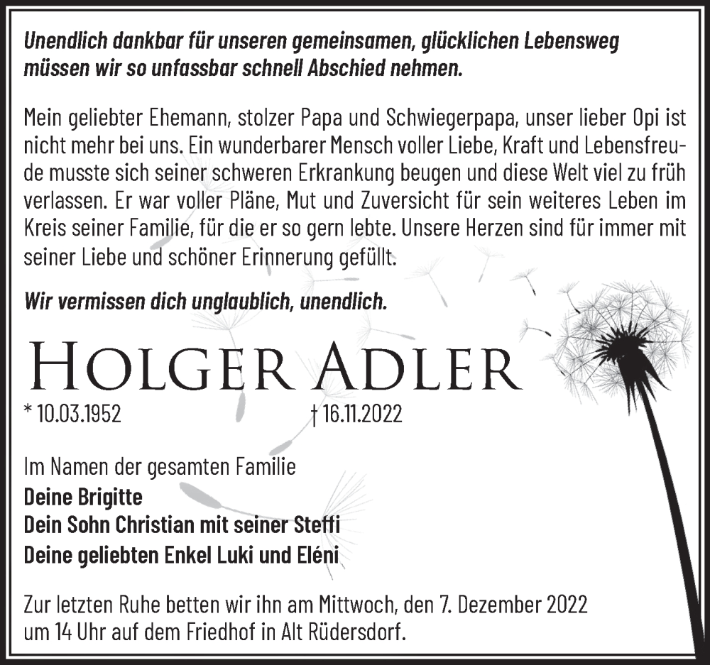  Traueranzeige für Holger Adler vom 24.11.2022 aus Märkische Oderzeitung