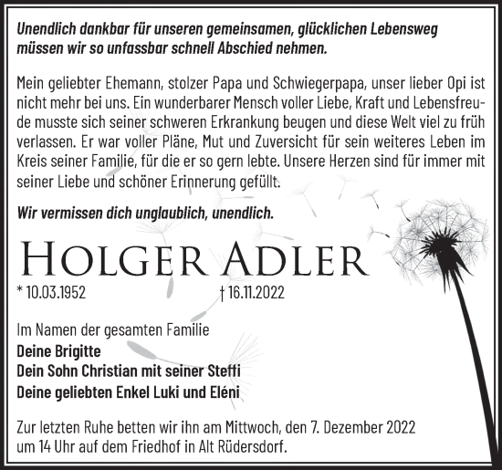 Traueranzeige von Holger Adler von Märkische Oderzeitung