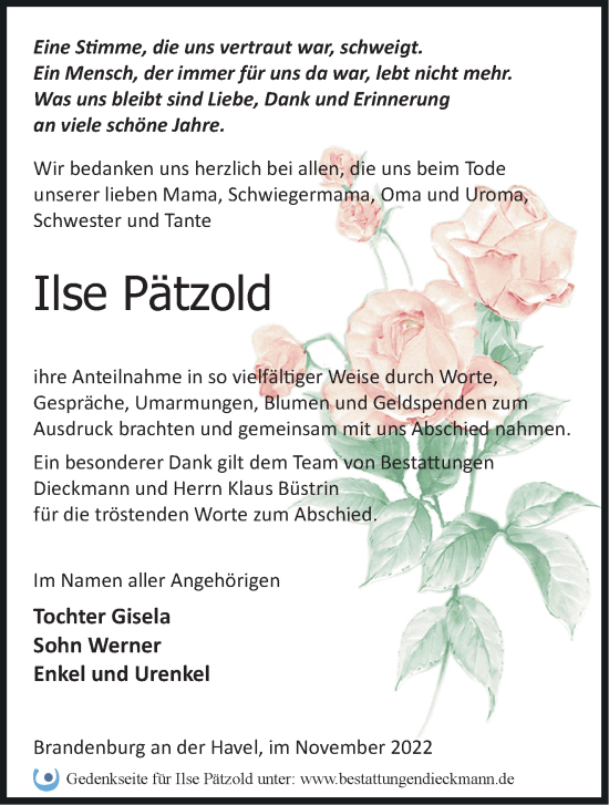 Traueranzeige von Ilse Pätzold von Märkische Oderzeitung