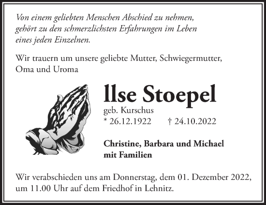 Traueranzeige von Ilse Stoepel von Märkische Oderzeitung