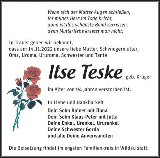 Traueranzeige von Ilse Teske von Märkische Oderzeitung