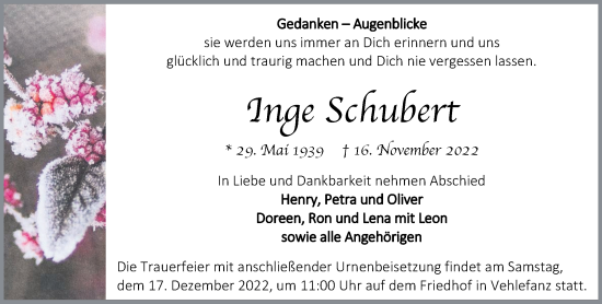 Traueranzeige von Inge Schubert von Märkische Oderzeitung