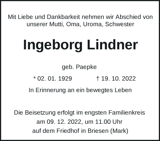 Traueranzeige von Ingeborg Lindner von Märkische Oderzeitung