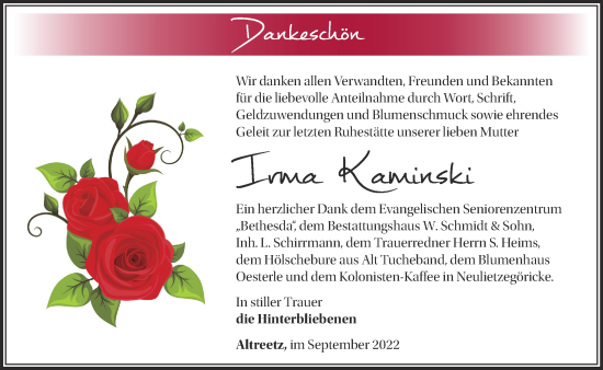 Traueranzeige von Irma Kaminski von Märkische Oderzeitung