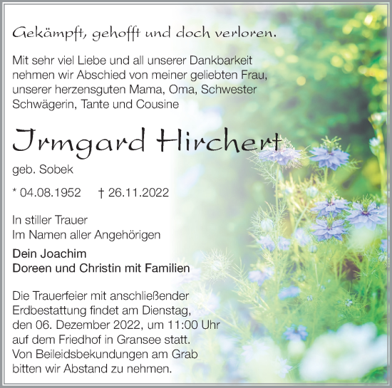 Anzeige Irmgard Hirchert