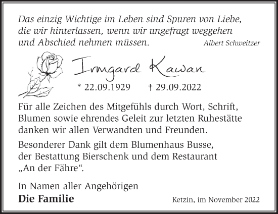 Traueranzeige von Irmgard Kawan von Märkische Oderzeitung