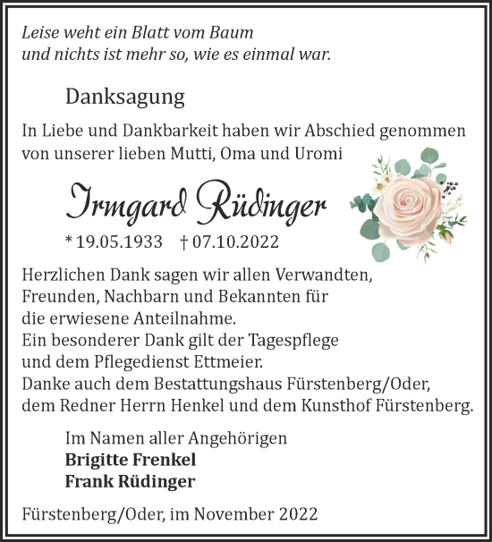 Traueranzeige von Irmgard Rüdinger von Märkische Oderzeitung