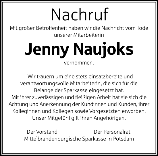 Traueranzeige von Jenny Naujoks von Märkische Oderzeitung