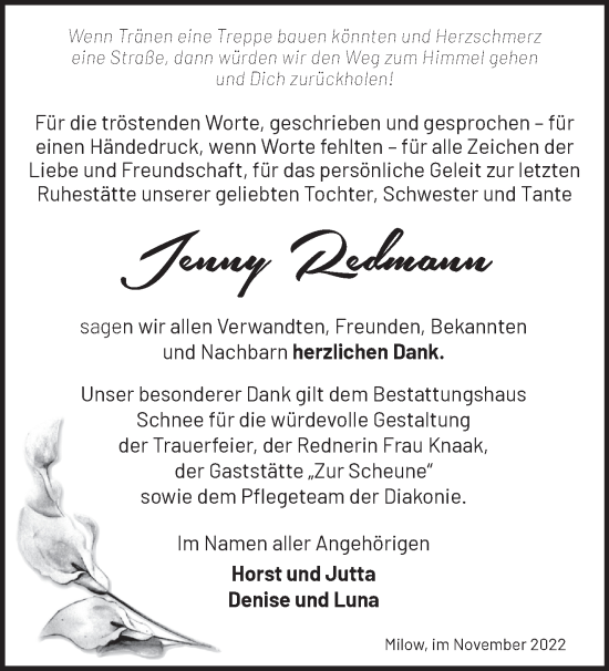 Traueranzeige von Jenny Redmann von Märkische Oderzeitung