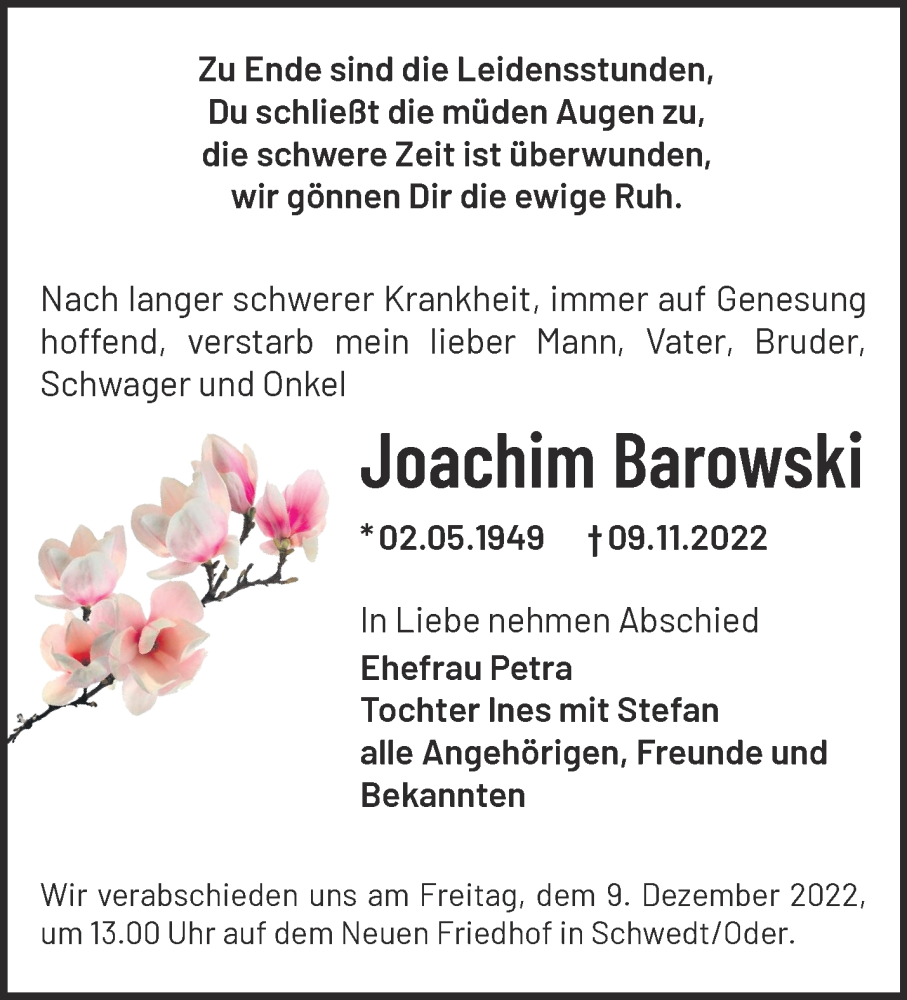  Traueranzeige für Joachim Barowski vom 19.11.2022 aus Märkische Oderzeitung