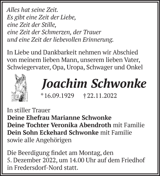 Anzeige Joachim Schwonke