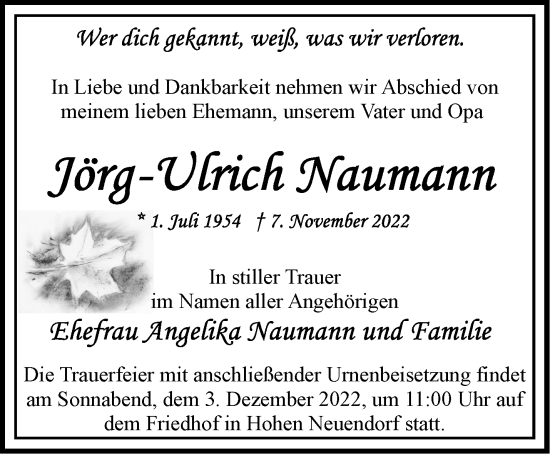 Traueranzeige von Jörg-Ulrich Naumann von Märkische Oderzeitung