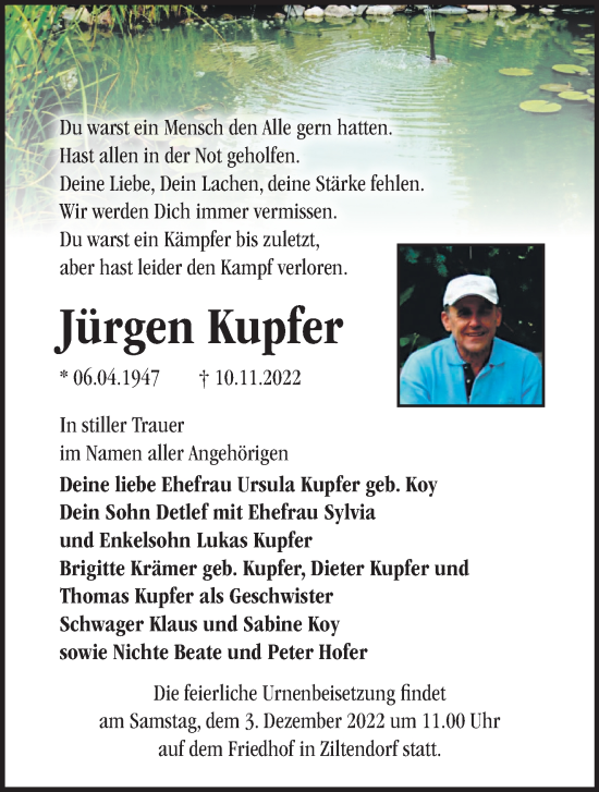 Traueranzeige von Jürgen Kupfer von Märkische Oderzeitung