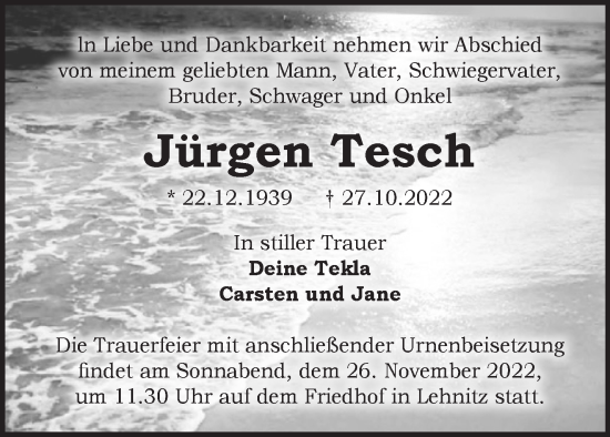 Traueranzeige von Jürgen Tesch von Märkische Oderzeitung