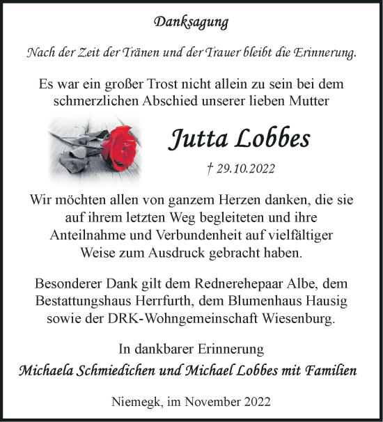 Traueranzeige von Jutta Lobbes von Märkische Oderzeitung